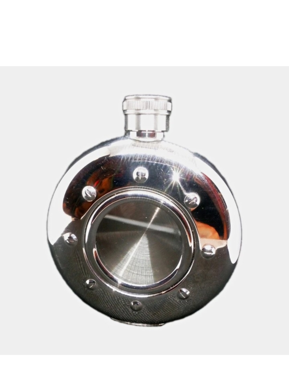 Polished Silver Round Flask with Viewing Window